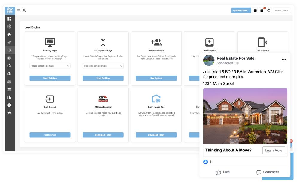 kvCORE platform dashboard with lead engine options