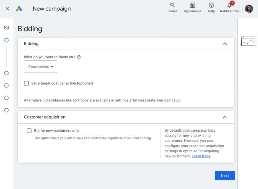 Google Ads bidding and customer acquisition screen