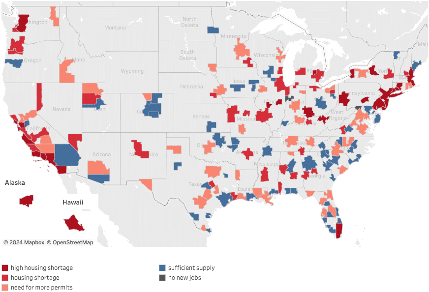 US Map of housing shortages in different states and cities.