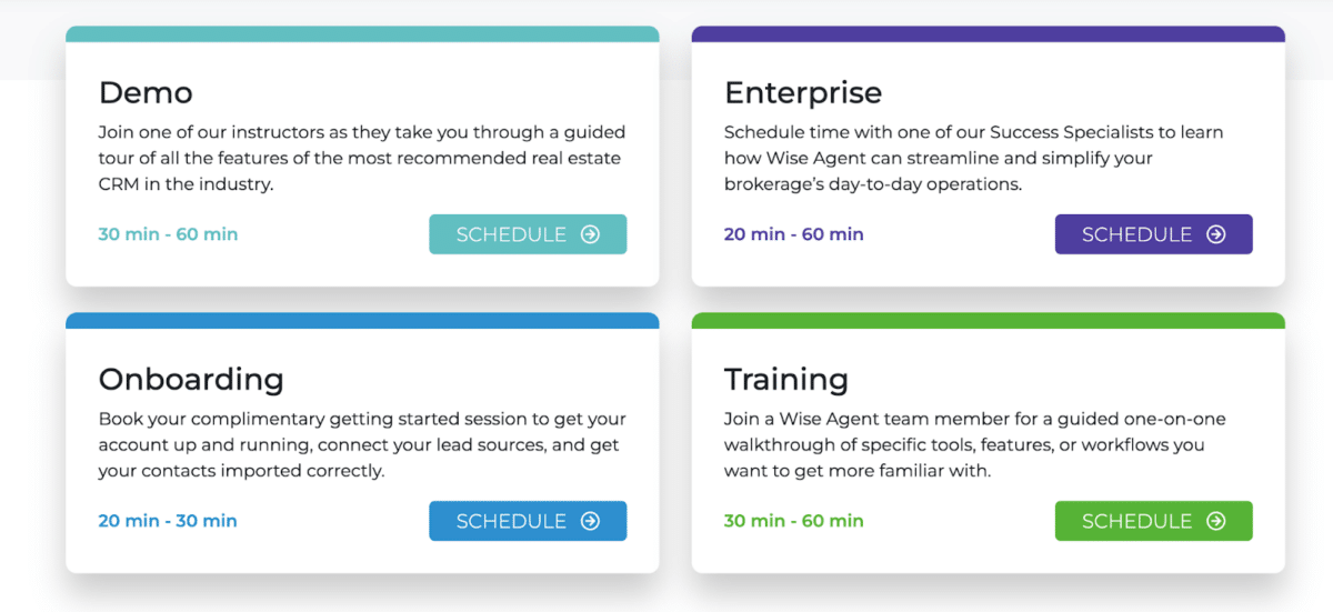 Wise Agent offers multiple channels for customer support including on-demand training and one-on-one onboarding.