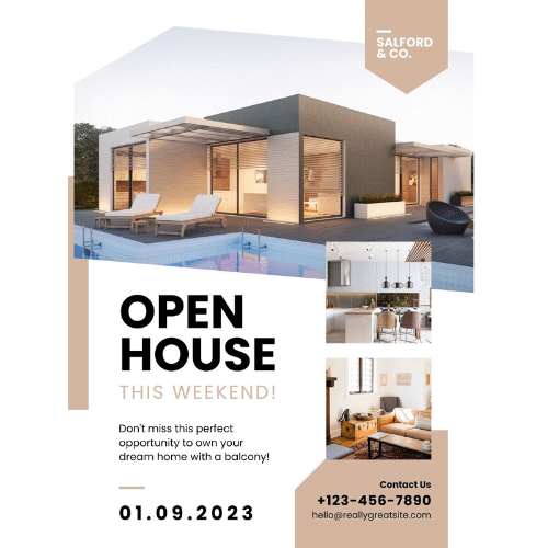 Double sided real estate open house flyer with graphic shapes neutral colors